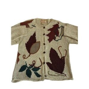 Woolrich Sweater Womens M Top Silk Cardigan Button Up Leaves Artistic Print Soft